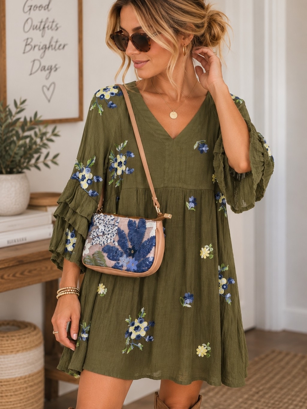 🌿 Fig & Flower Embroidered Boho Dress Olive Green Ruffle Sleeve Medium